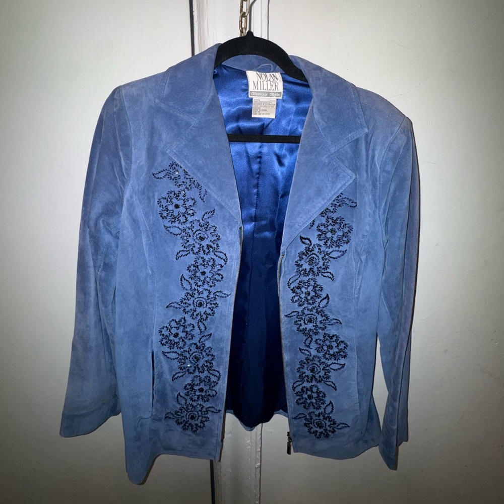 Vintage Nolan Miller Blue Embroidered Suede Blazer